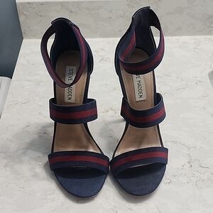Size 6.5 Steve Madden Navy and Burgundy Striped Ankle Strap Heels. slightly used